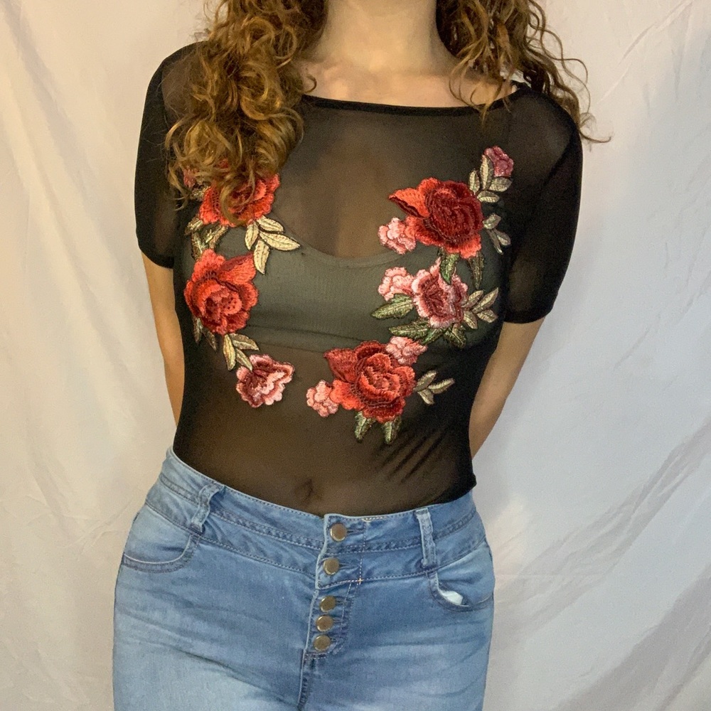 Sheer Mesh Floral Embroidered Bodysuit